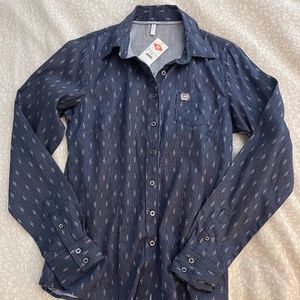 Navy Cinch Ladies Tencel Print Shirt Sz Medium